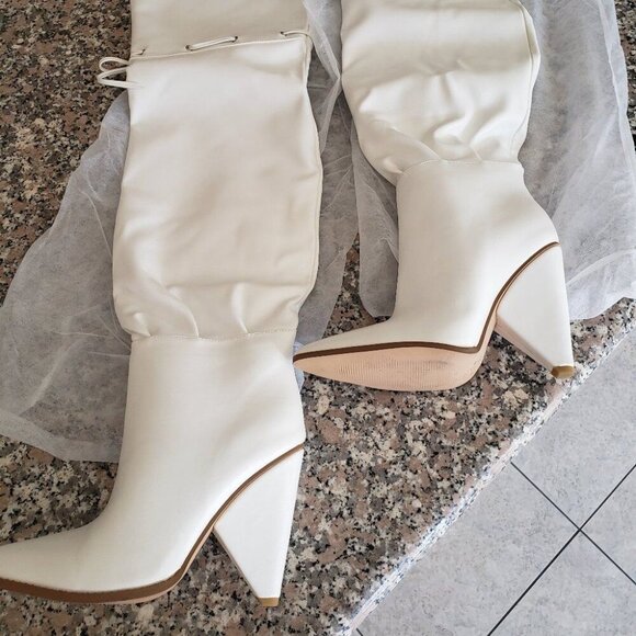 New PrettyLittleThing White Wedge Heel Slouch Thigh High Boot - Picture 4 of 6